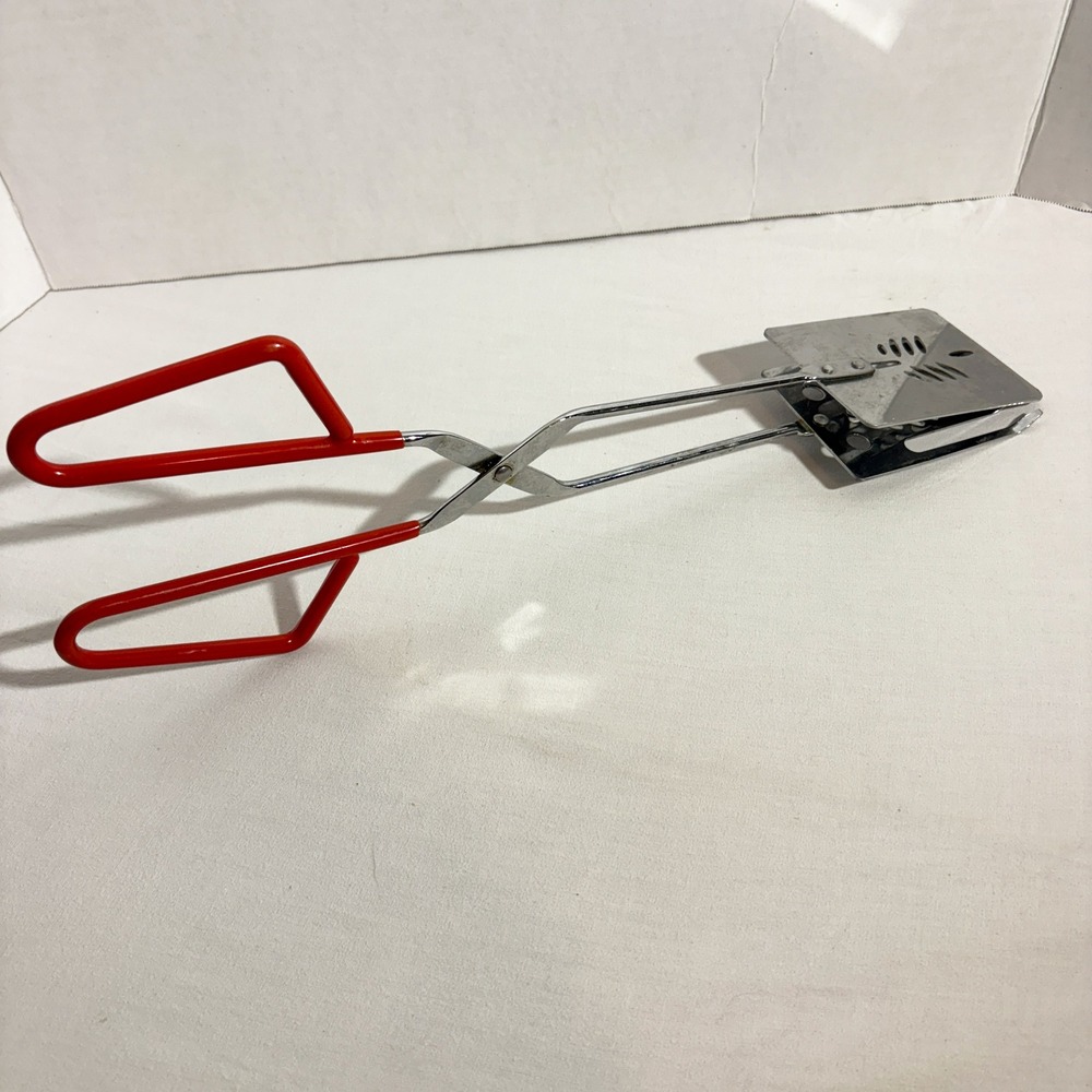 Vintage Scissor Style BBQ Tongs Red Handle Spatula Hybrid 15"
